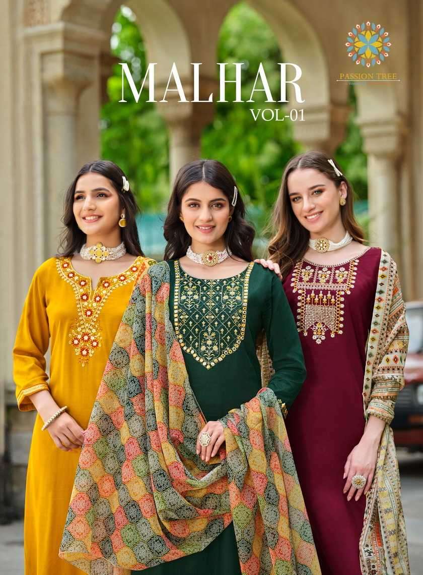 passion tree malhar vol 1 series 1001-1006 roman silk readymade suit 