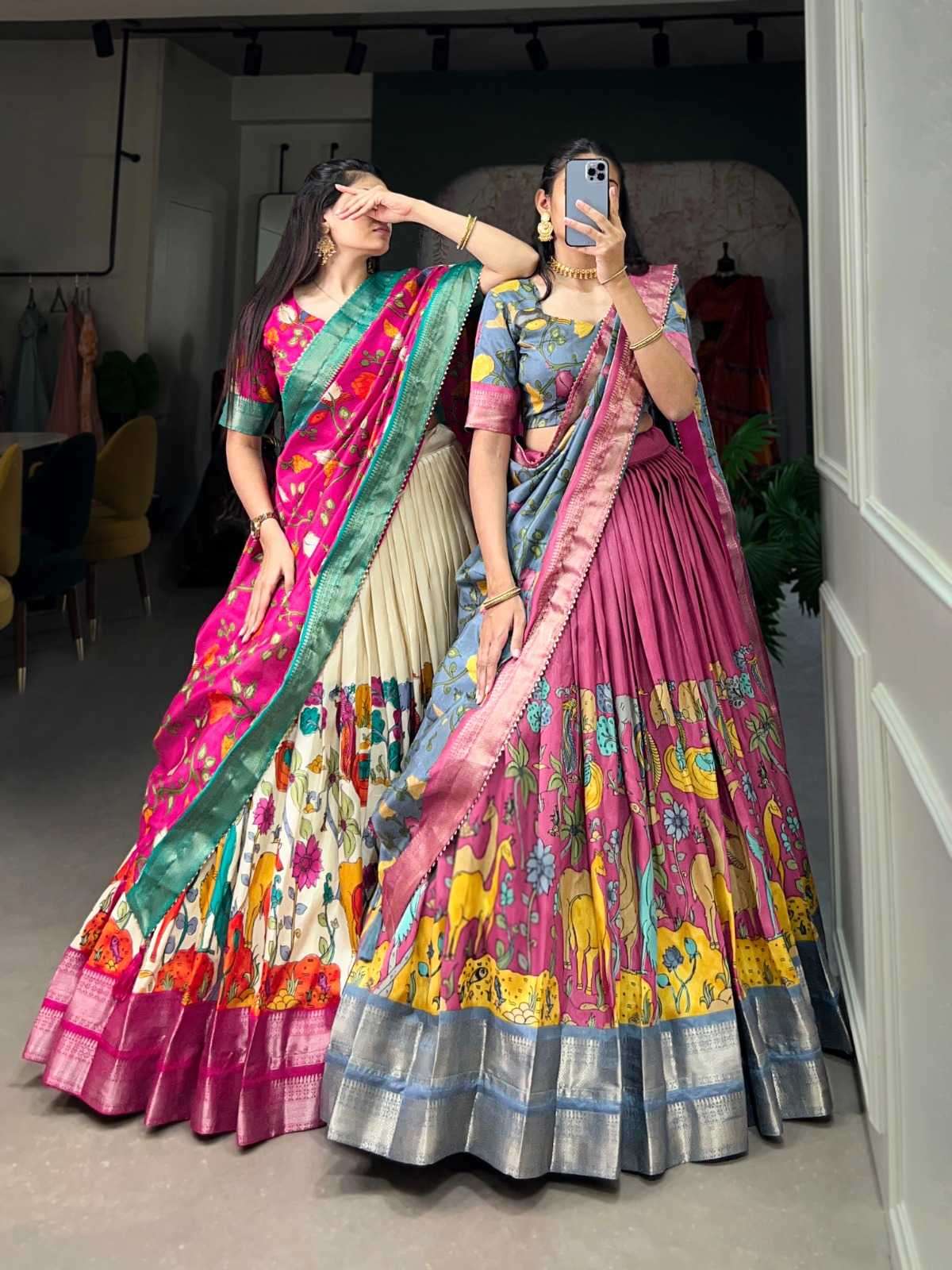 pr akanksha stylish dola silk fancy kalamkari print full stitch lehenga 