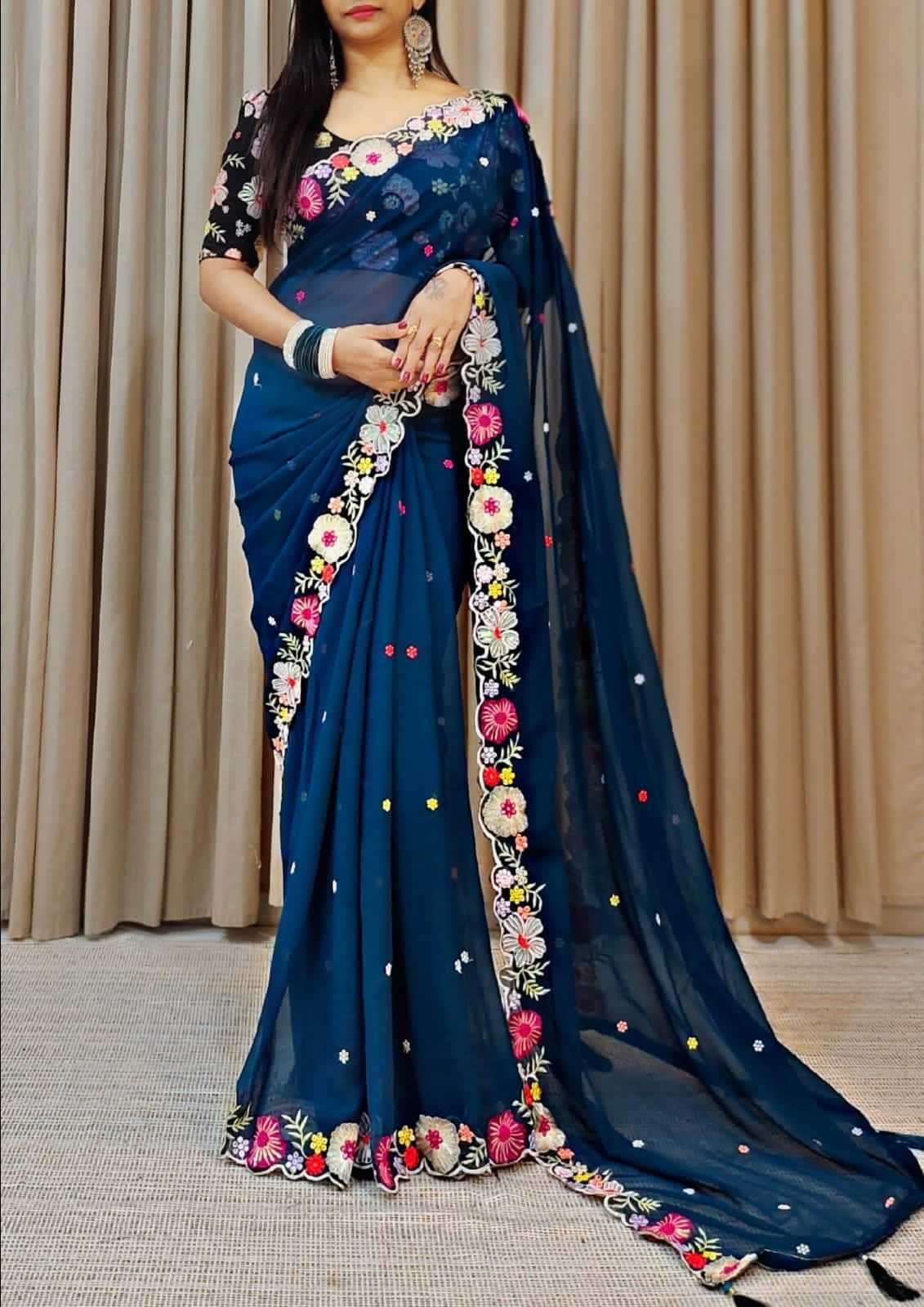 pr ds 616 unique style faux georgette embroidery work hit design saree