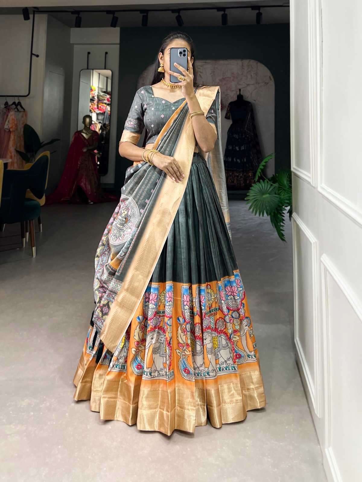 pr gajgamini fancy dola silk kalamkari print full stitch lehenga