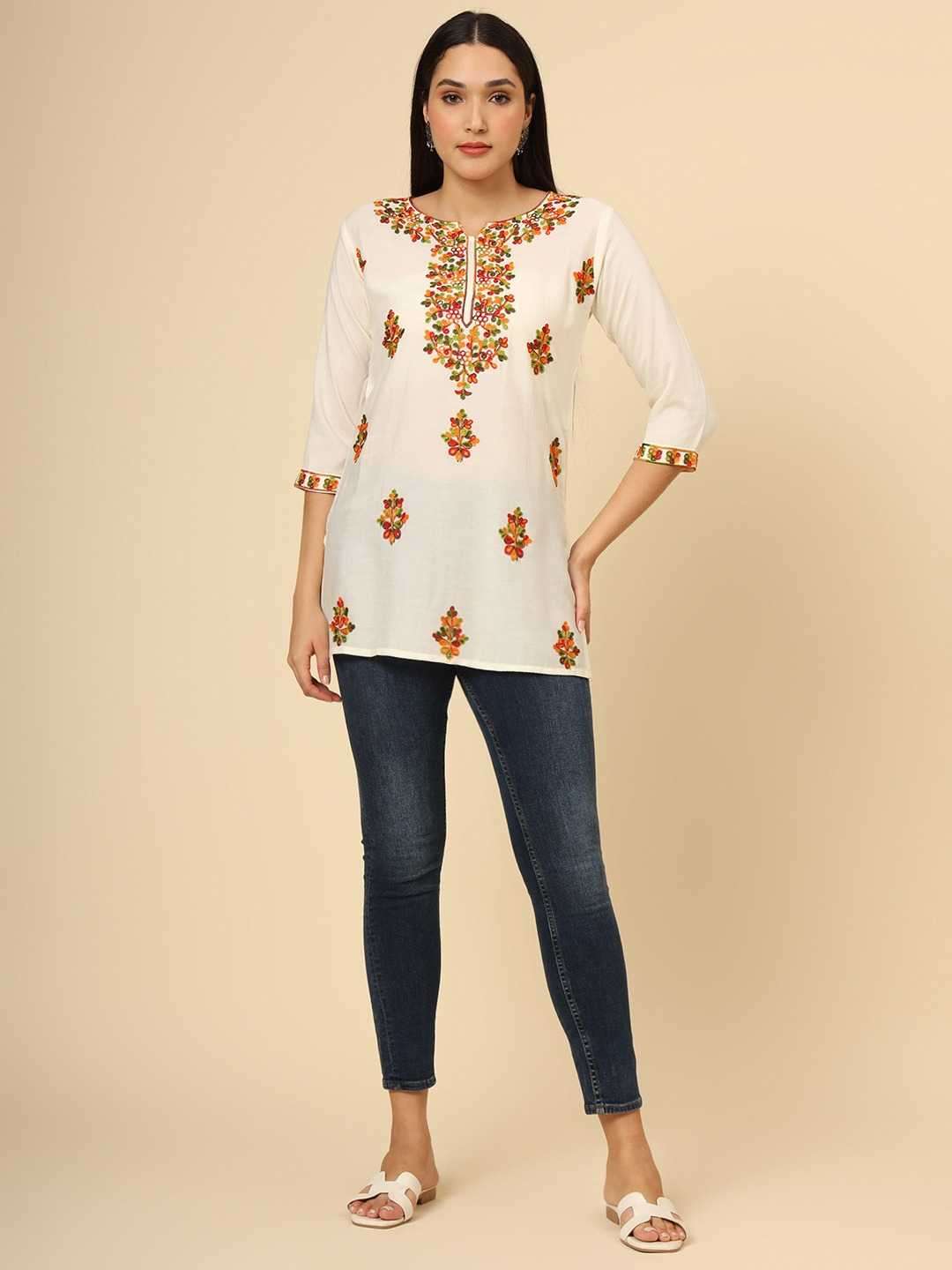 pr kanya new design rayon readymade fancy work short kurti