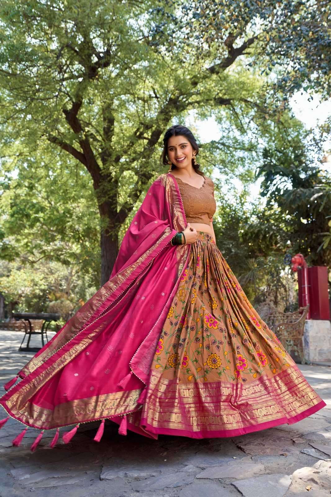 pr priyamani fancy tussar silk festival wear kalamkari print full stitch lehenga 