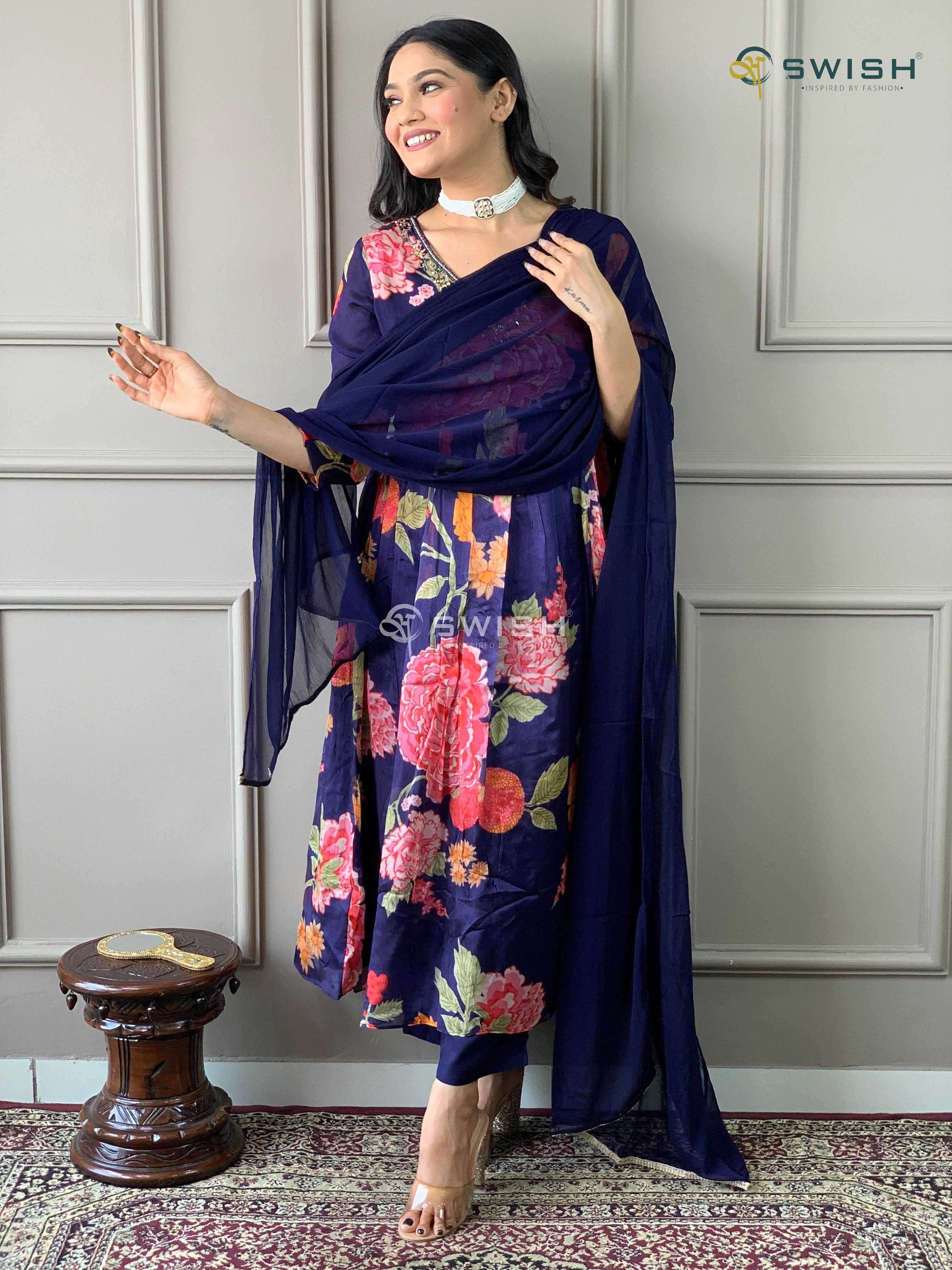 swish presents heavy chinon stylish aliya cut pattern combo set full stitch