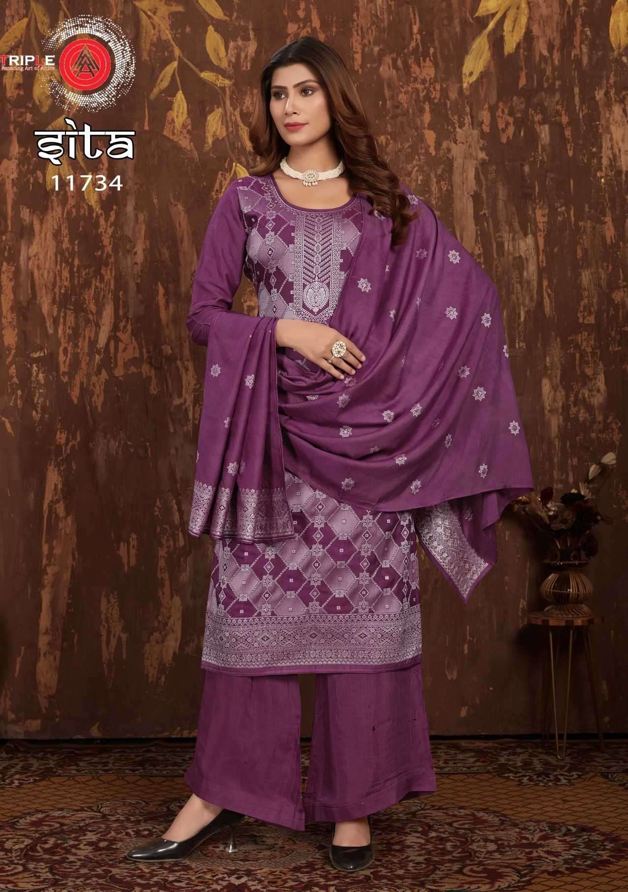 triple a sita series 11731-11736 Pure Muslin Lakhnavi Jequard suit