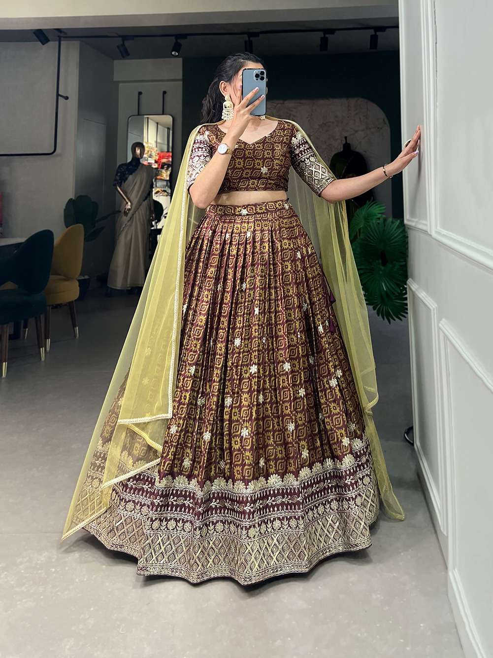 LNB1014LUV Chinon Digital Print With Embroidery Sequins Work lehenga