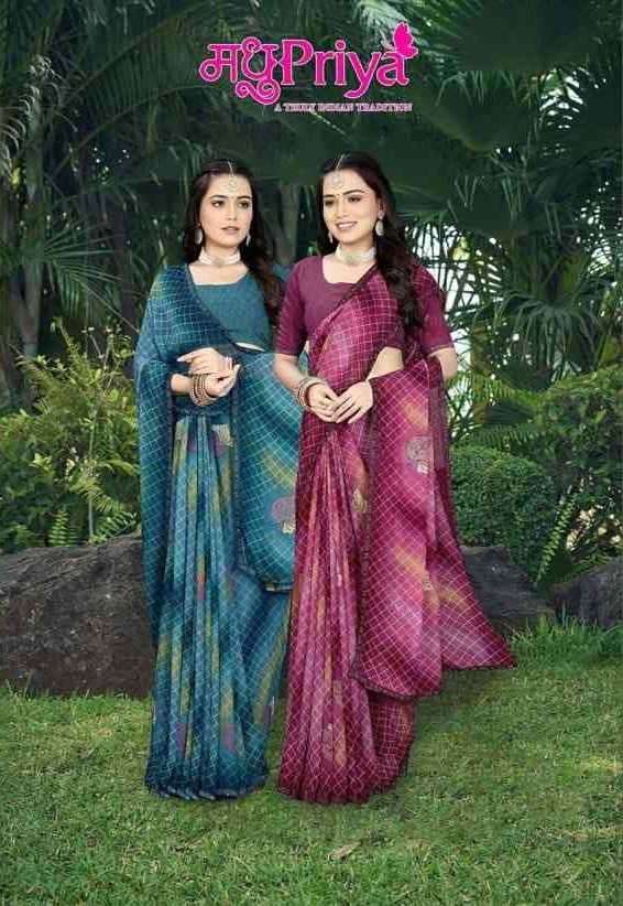 madhupriya flame series 1001-1008 semi weightless saree
