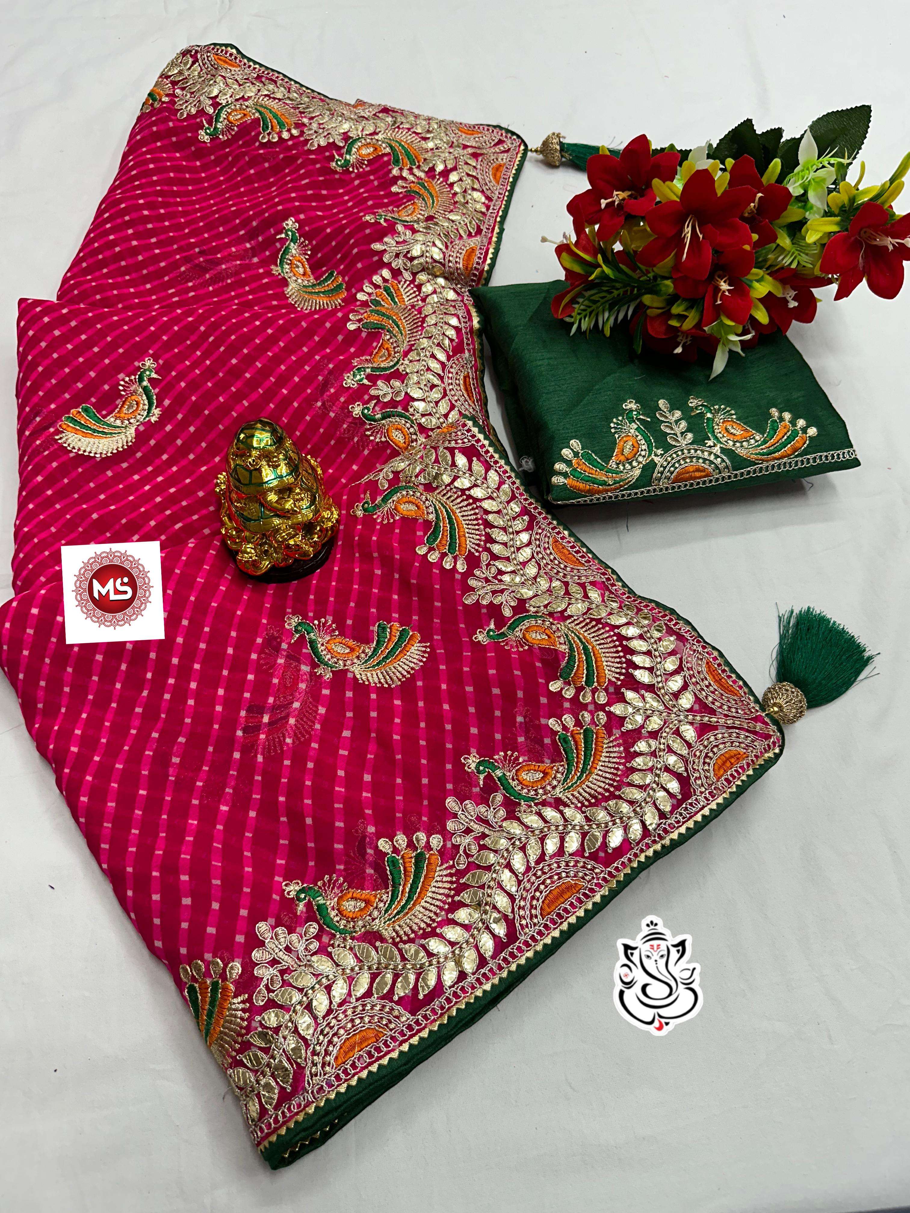 MS brand in bandhej YELLOW +Red heavy georgatte bandhej saree