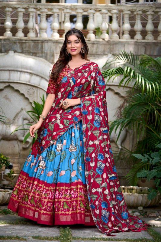 pr ishanya tussar silk designer patola print stitch lehenga with unstitch blouse