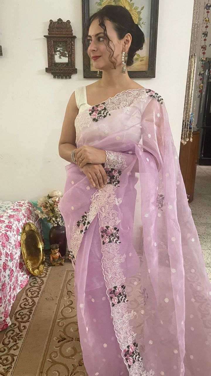 pr kc 758 Soft Organza Multy Coloured Embroidary Thread Work All Over Saree