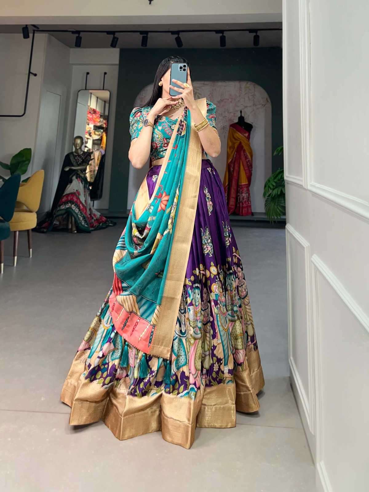 pr lnb1017 Dola Silk Kalamkari Print With Weaving Border lehenga