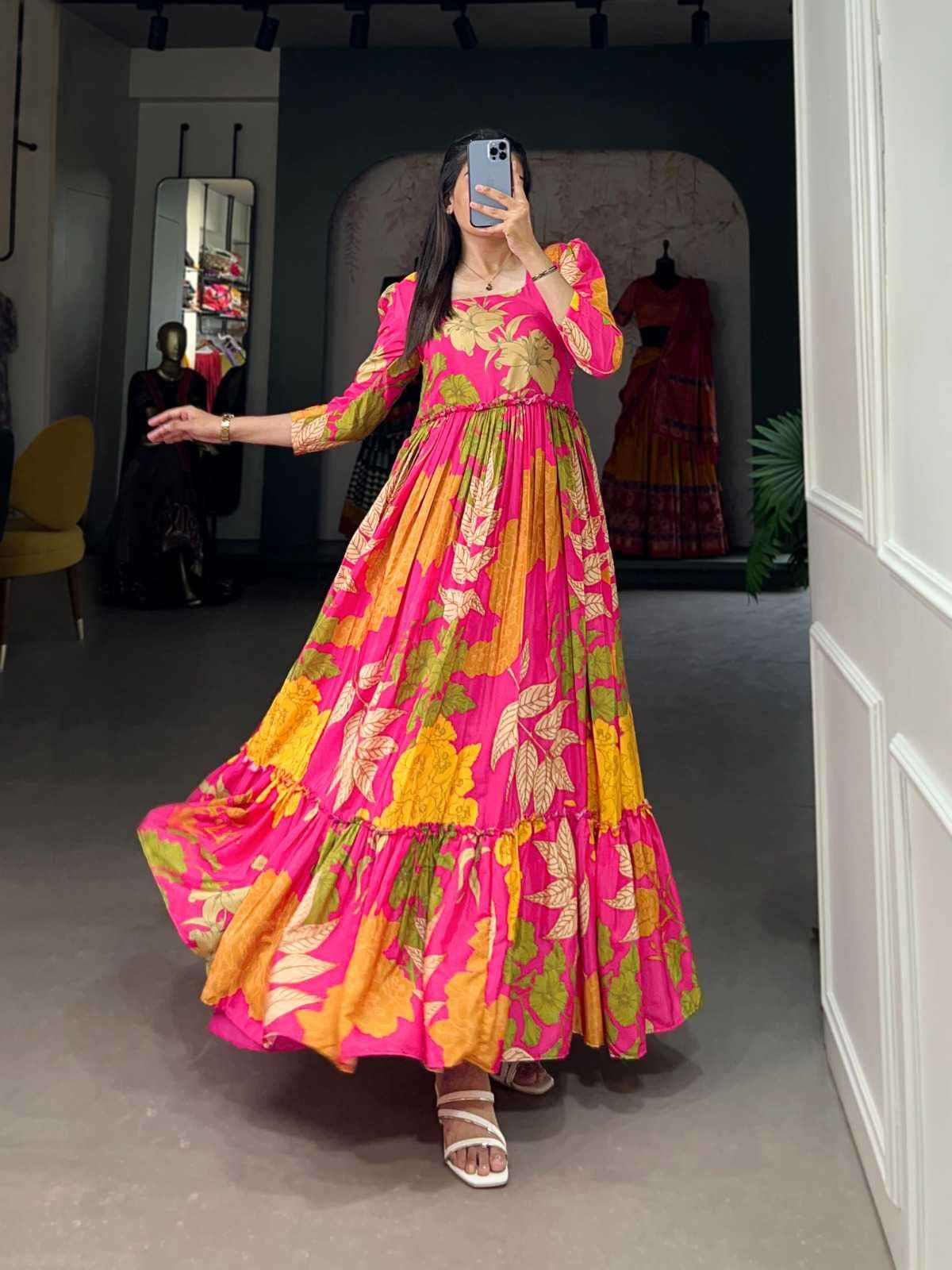 pr ynf5013 floral print silk crepe fully stitch classic look flair gown exports