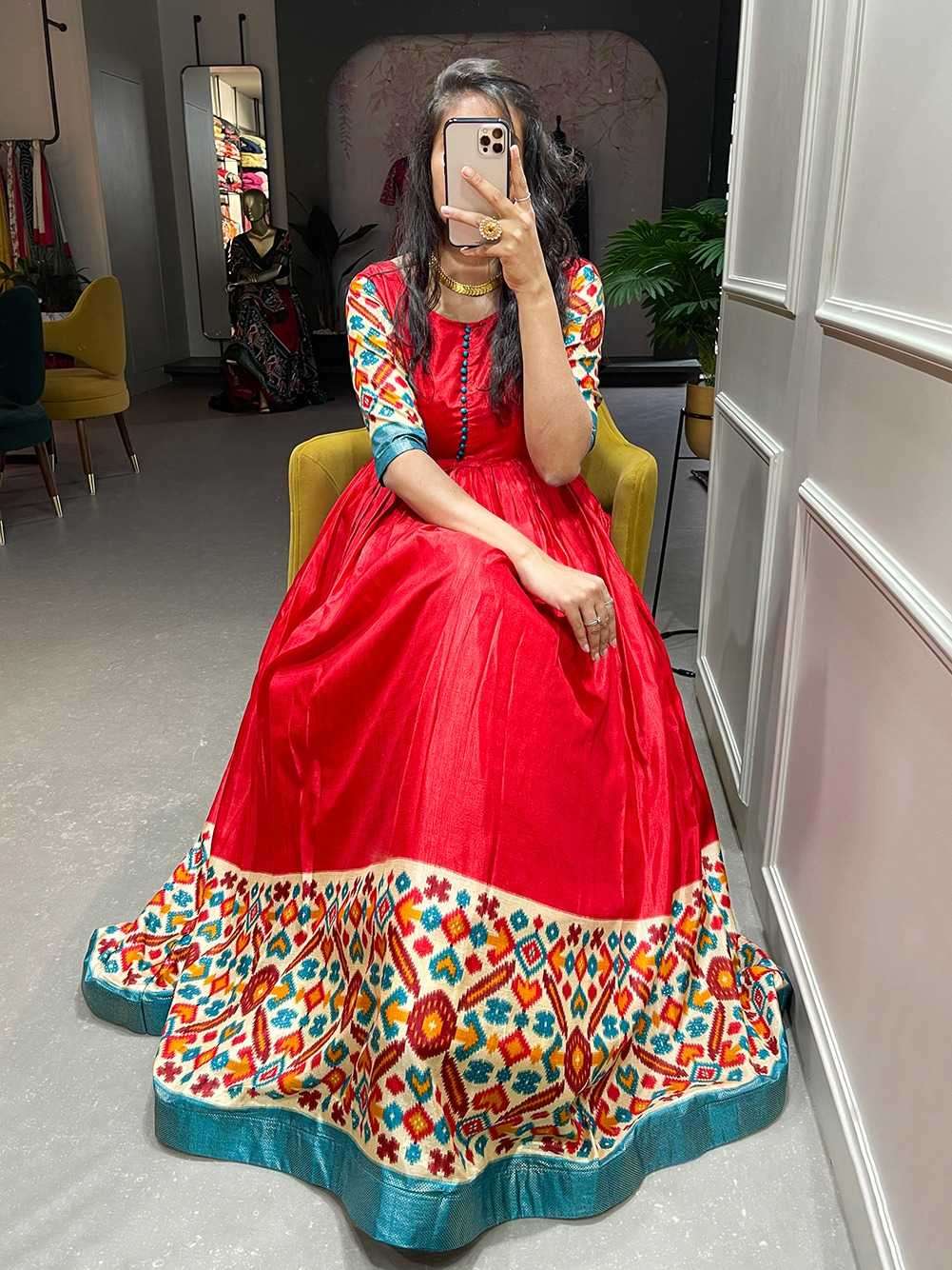 pr ynf5033 readymade dola silk look print with foil work flair gown
