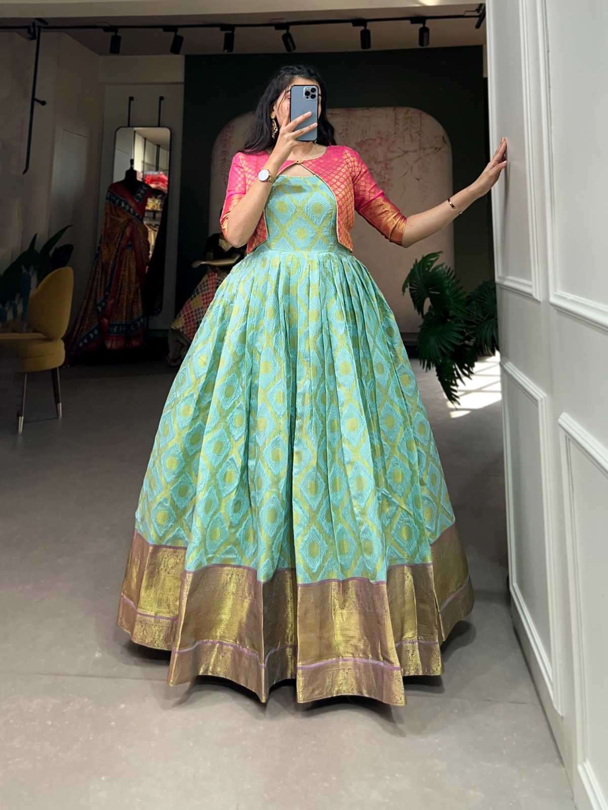 pr ynf5301 silk jacquard zari weaving work attractive look readymade gown