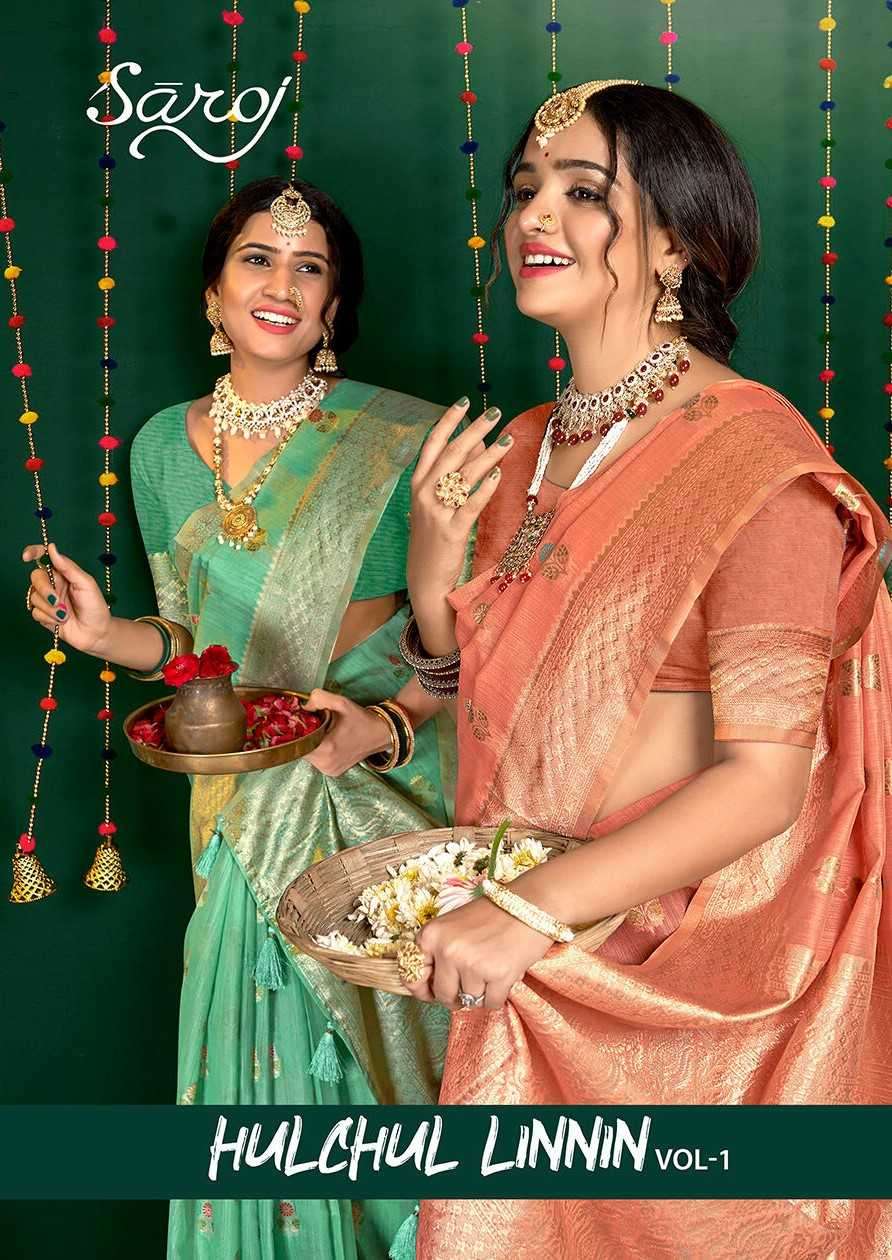Saroj Hulchal Linen vol-1 series 1001-1006 Heavy Pure Slub Linen saree