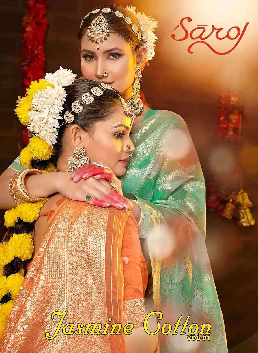 Saroj Jasmine Vol -1 series 1001-1006 Soft Cotton Rang Card concept Rich Pallu Saree