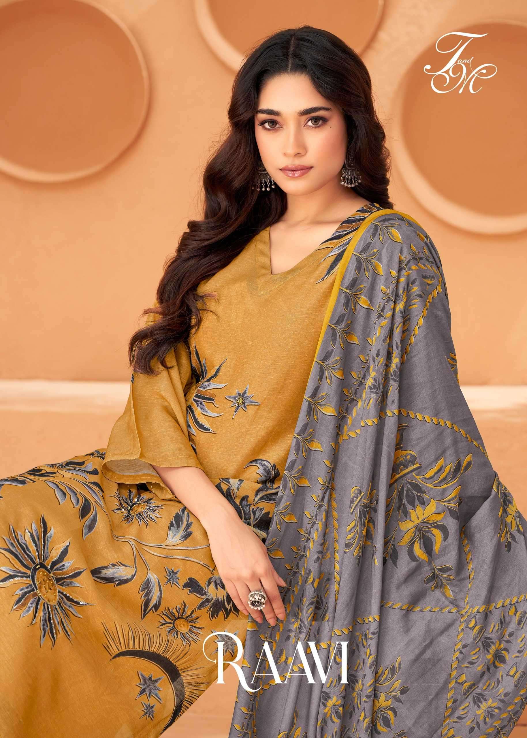 t&m designer raavi viscose organza linen digital print with work suit 