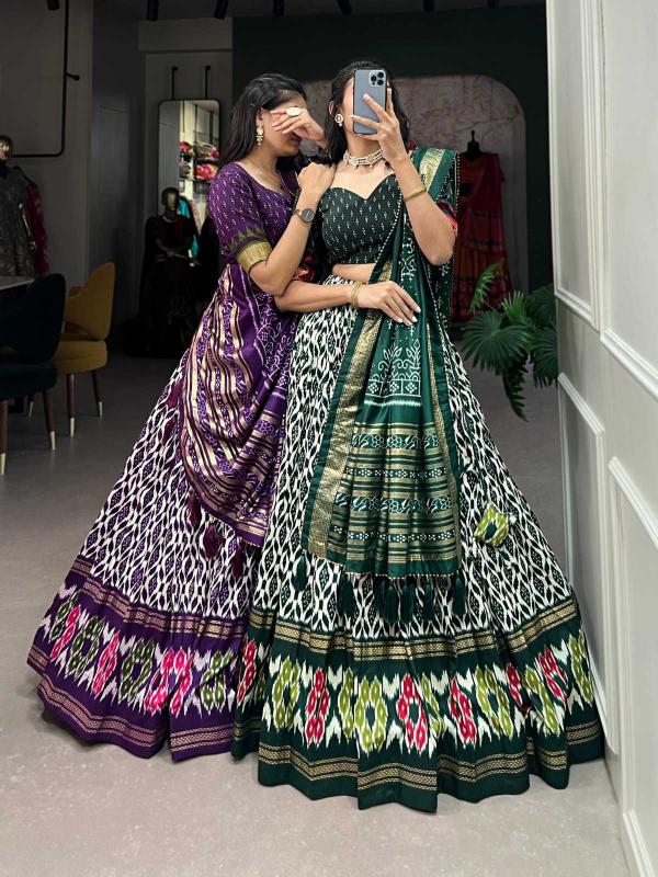 pr pranauthi tussar silk ikkat print stitch lehenga unstitch blouse dupatta