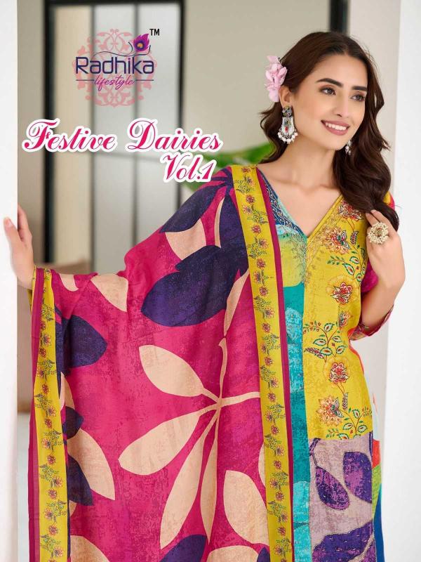 Radhika Lifestyle Festive Dairies Vol 1 Series 1001 to 1006 Muslin Print Wholesale Readymade Salwar Kameez in Surat