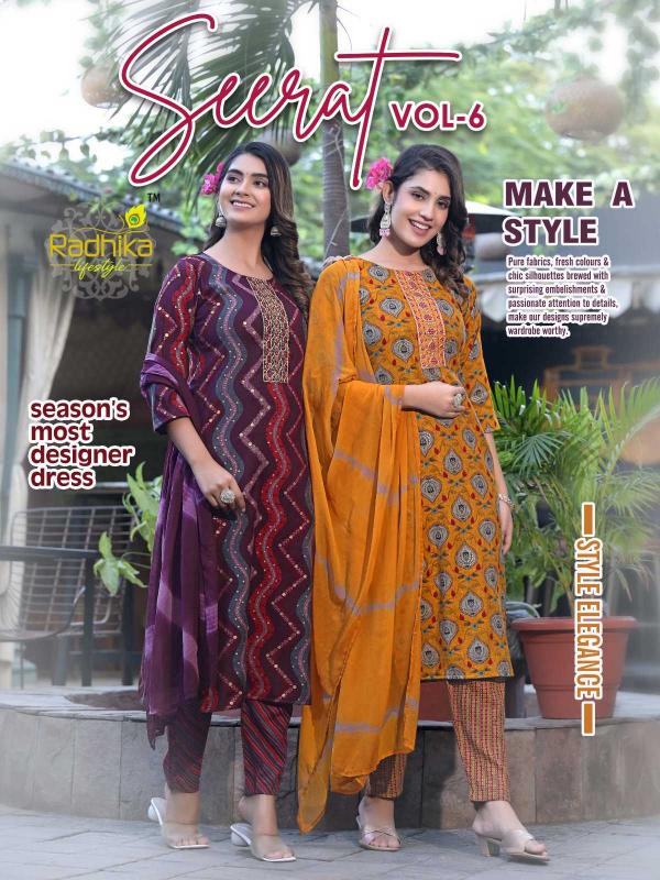 Radhika Lifestyle Seerat Vol 6 Series 6001-6008 Fancy Straight Wholesale Kurti with Pant & Nazneen Dupatta in Surat