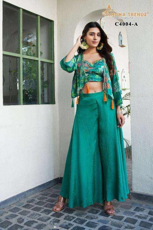 amoha c4004 chinon green color crop top with floral print shrug with bottom