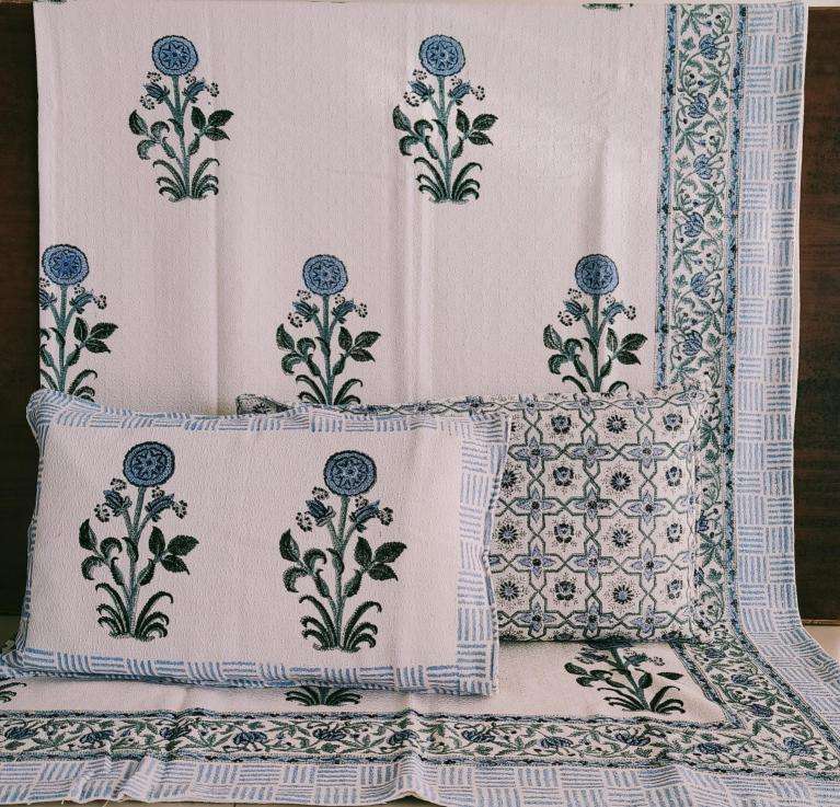 Cotton hopper fabric bedcover hand block designer with 2 pillow cover 