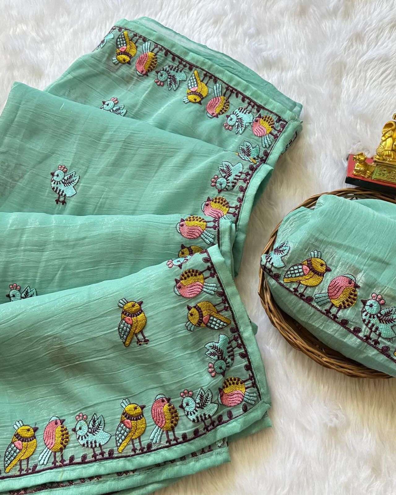 RAJLAXMI Soft Crunchy Crush Saree with Bird Figure Multi Emboriday work 