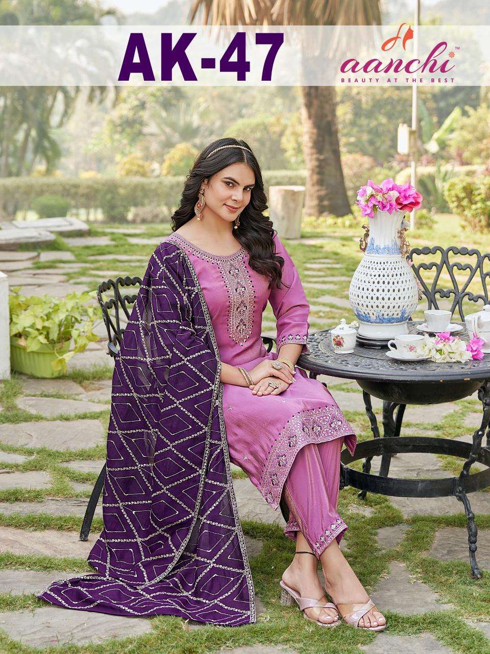 aanchi ak 47 roman shimmer pretty look readymade salwar kameez in wholesale