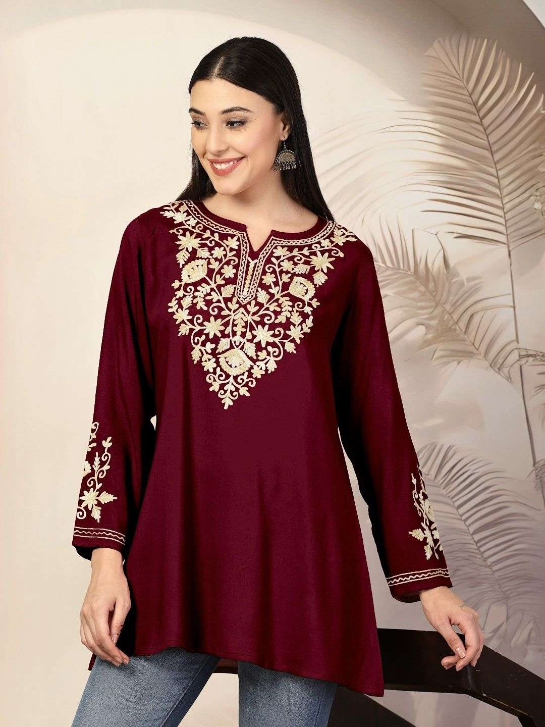 Adaa Heavy Rayon  With embroidery work neck and Sleeves short kurti 