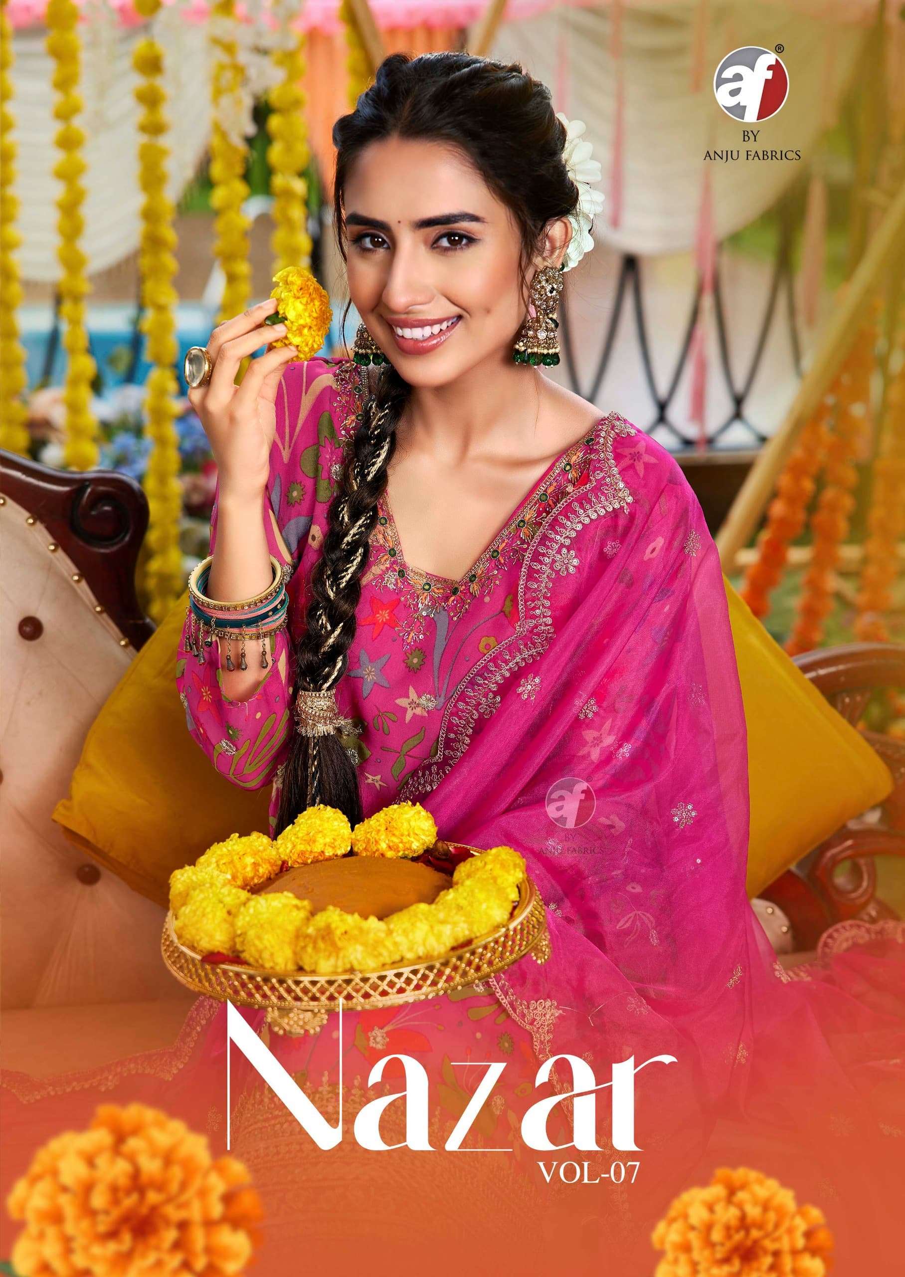 anju fab nazar vol 7 series 4051 to 4056 pure organza digital print suit in wholesale