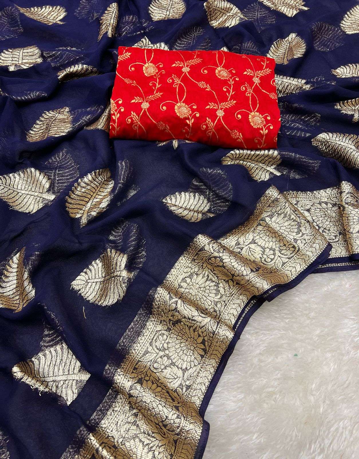 Arpita Viscose Georgette Saree With Banarasi Contrast Blouse In Wholesale