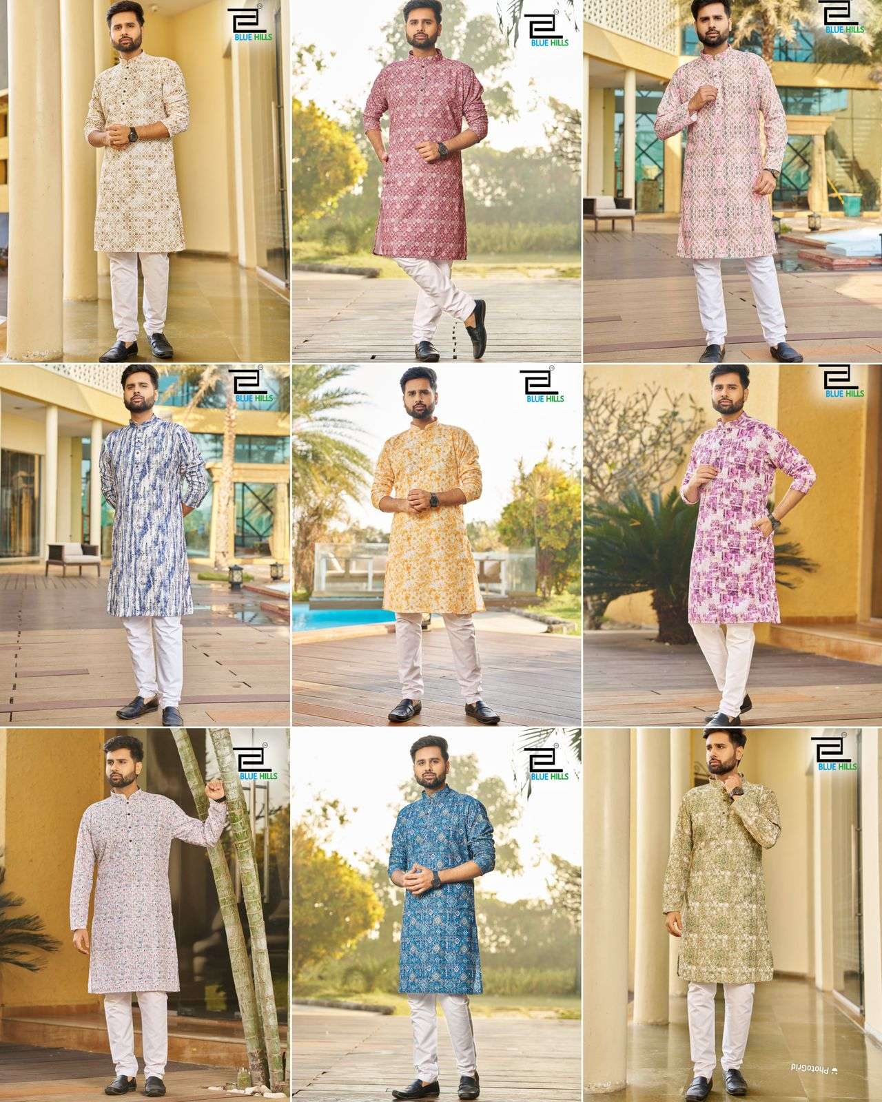 blue hills Schiffli 5.0 heavy rayon schiffli chikan work mens kurta pyjama in wholesale