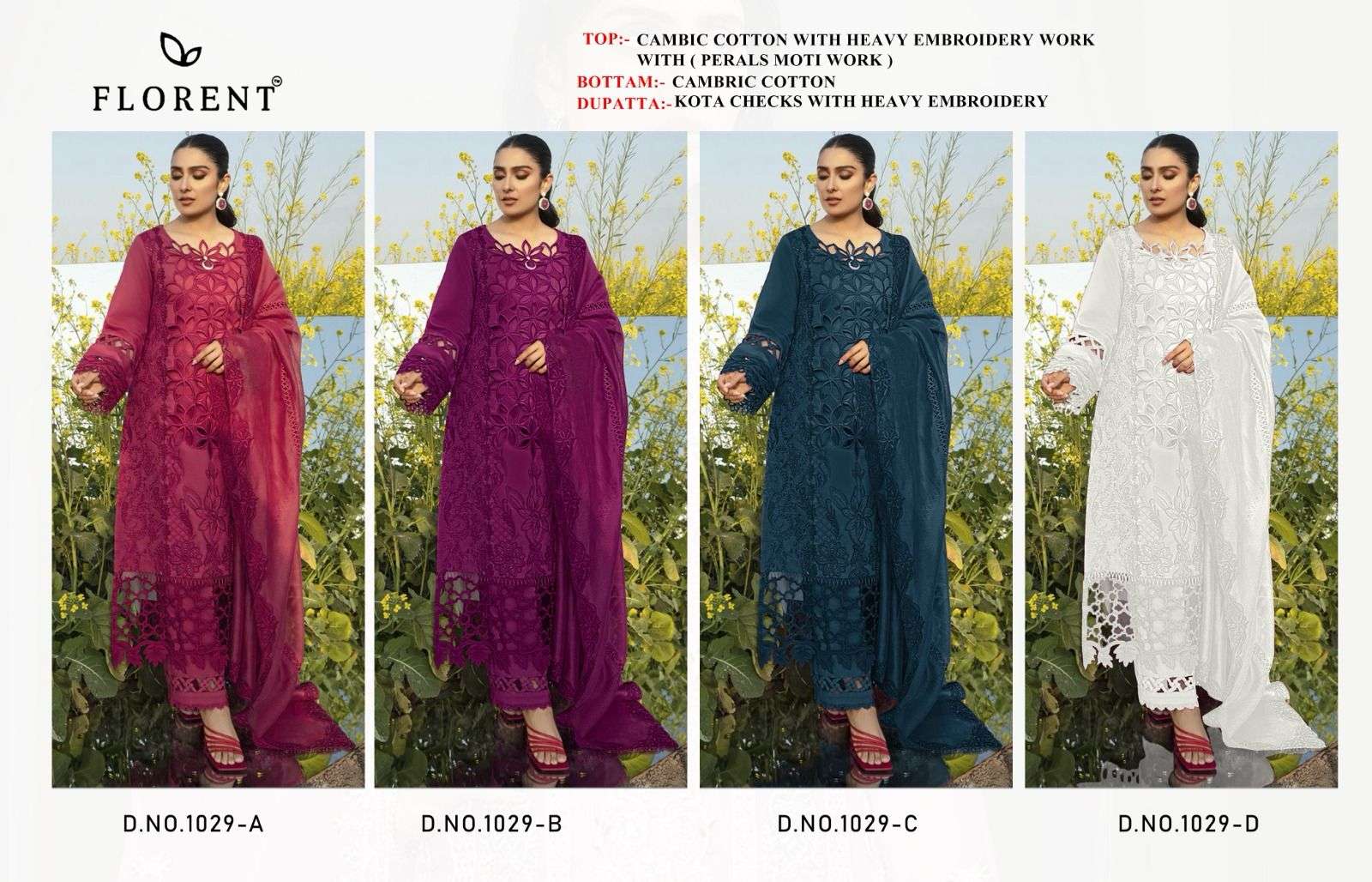 FLORENT™️ 1029 ABCD cambric cotton with heavy embroidery work salwar kameez in wholesale
