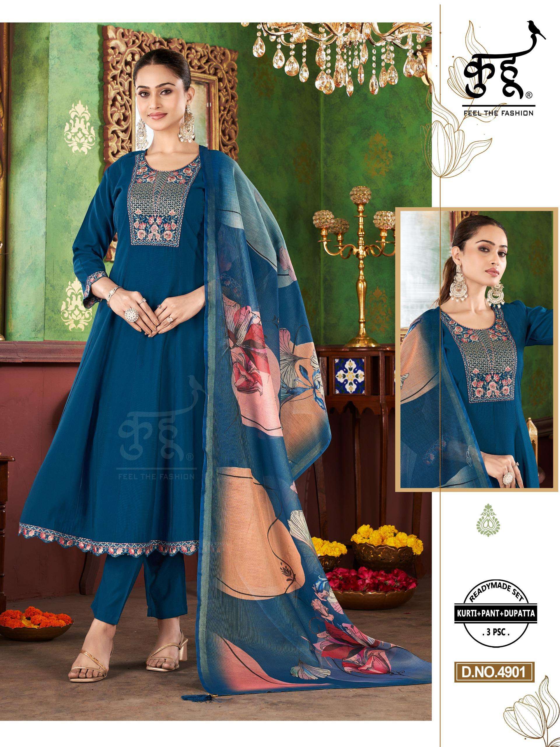 Kuhu series 4900 to 4902 rinkle designer suit in wholesale