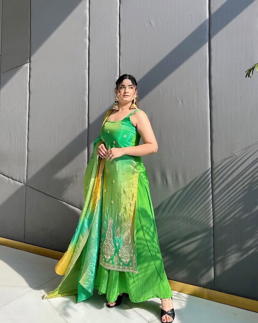 Punjabi vibes designer stunning green bandhej print straight suit 