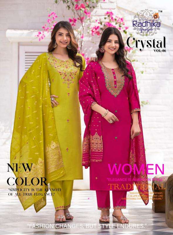 radhika life style crystal vol 6 series 6001 to 6006 roman kurti pant with dupatta in wholesale set