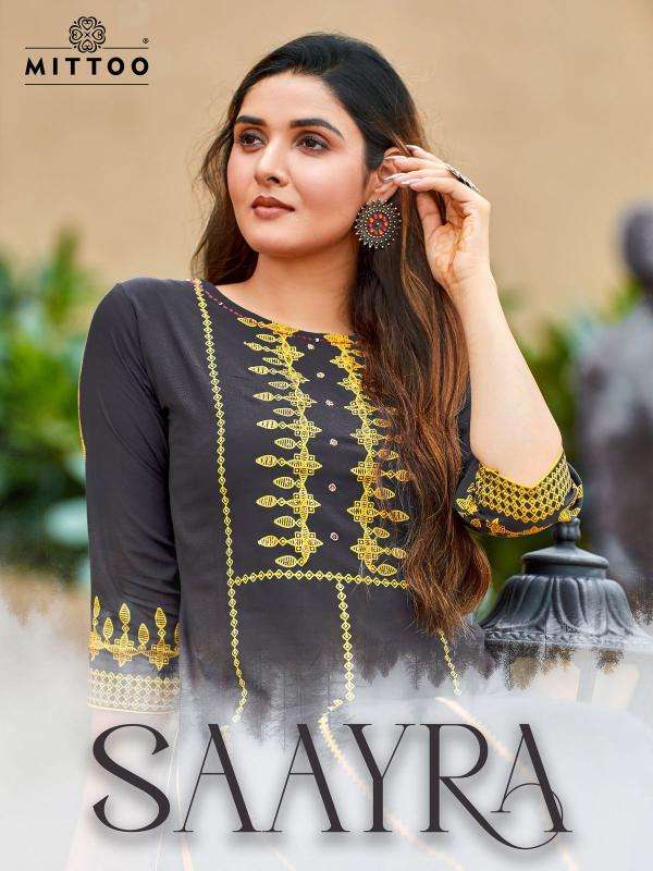 saayra by mittoo series 2001 to 2006 rayon printed handwork kurti in wholesale