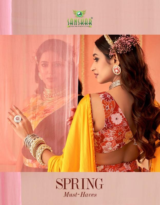 sanskar tex prints spring series 51001-51008 sartin chiffon wholesale saree