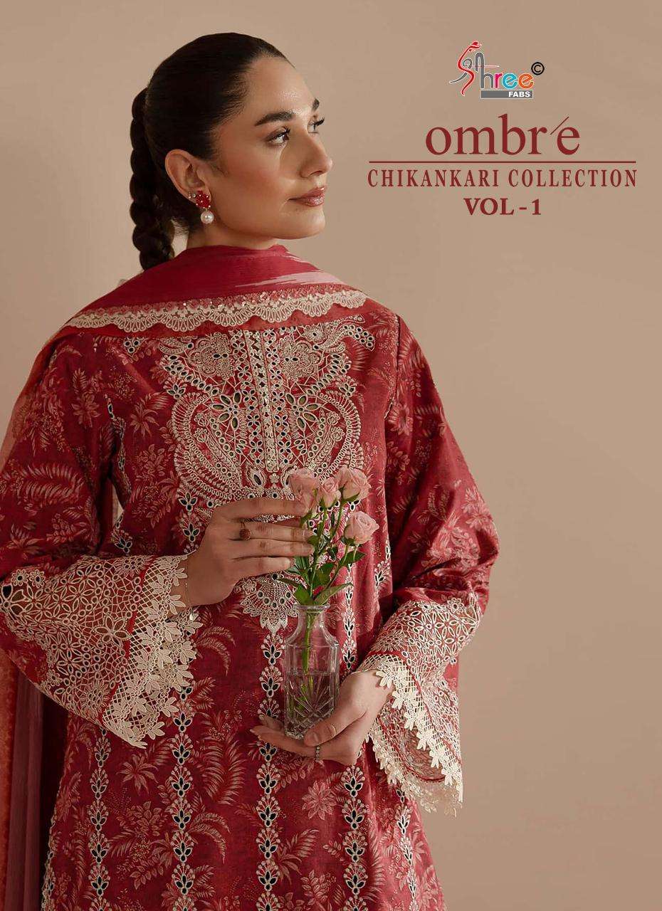 shree fabs ombre chikankari lawn vol-1 series 3861-3868 pure cotton wholesale suit 