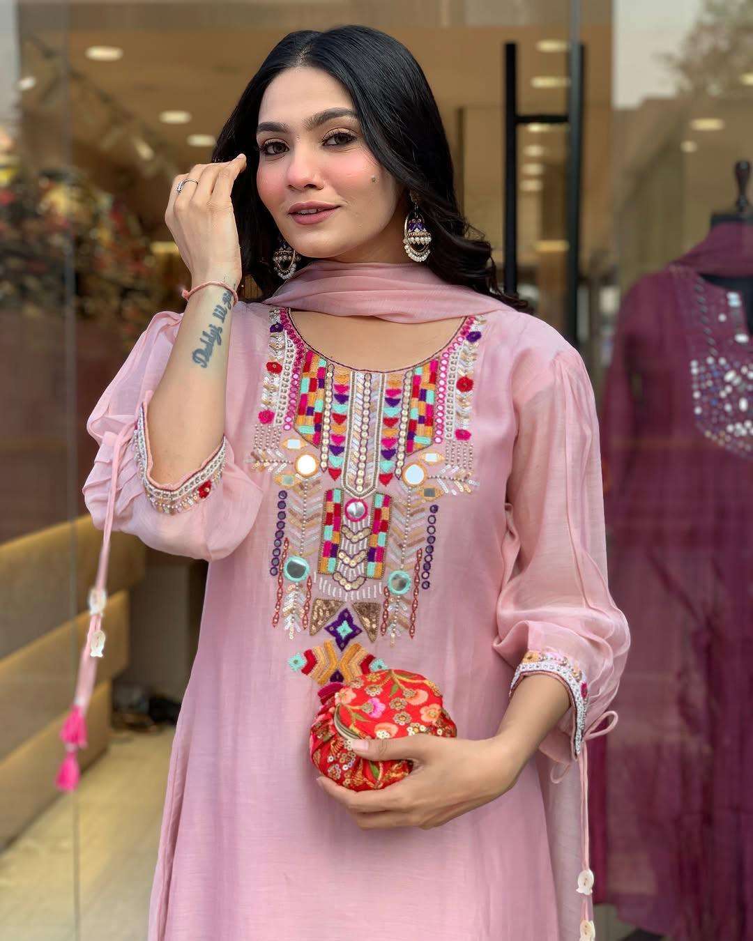 This outfit is an excellent choice for formal gatherings and festive occasions