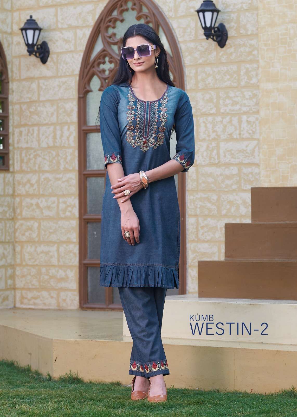 westin designer pure cotton denim kurti with bottom 