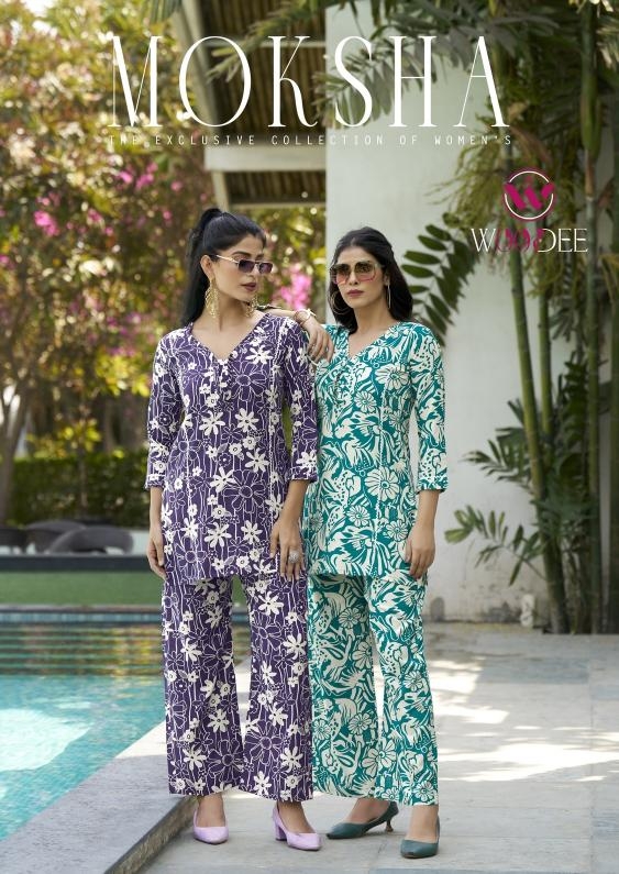 woodee moksha series 1001-1006 rayon print kurti with bottom
