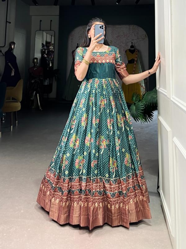 ynf5036 dola silk printed full stitch zari weaving work long kurtis