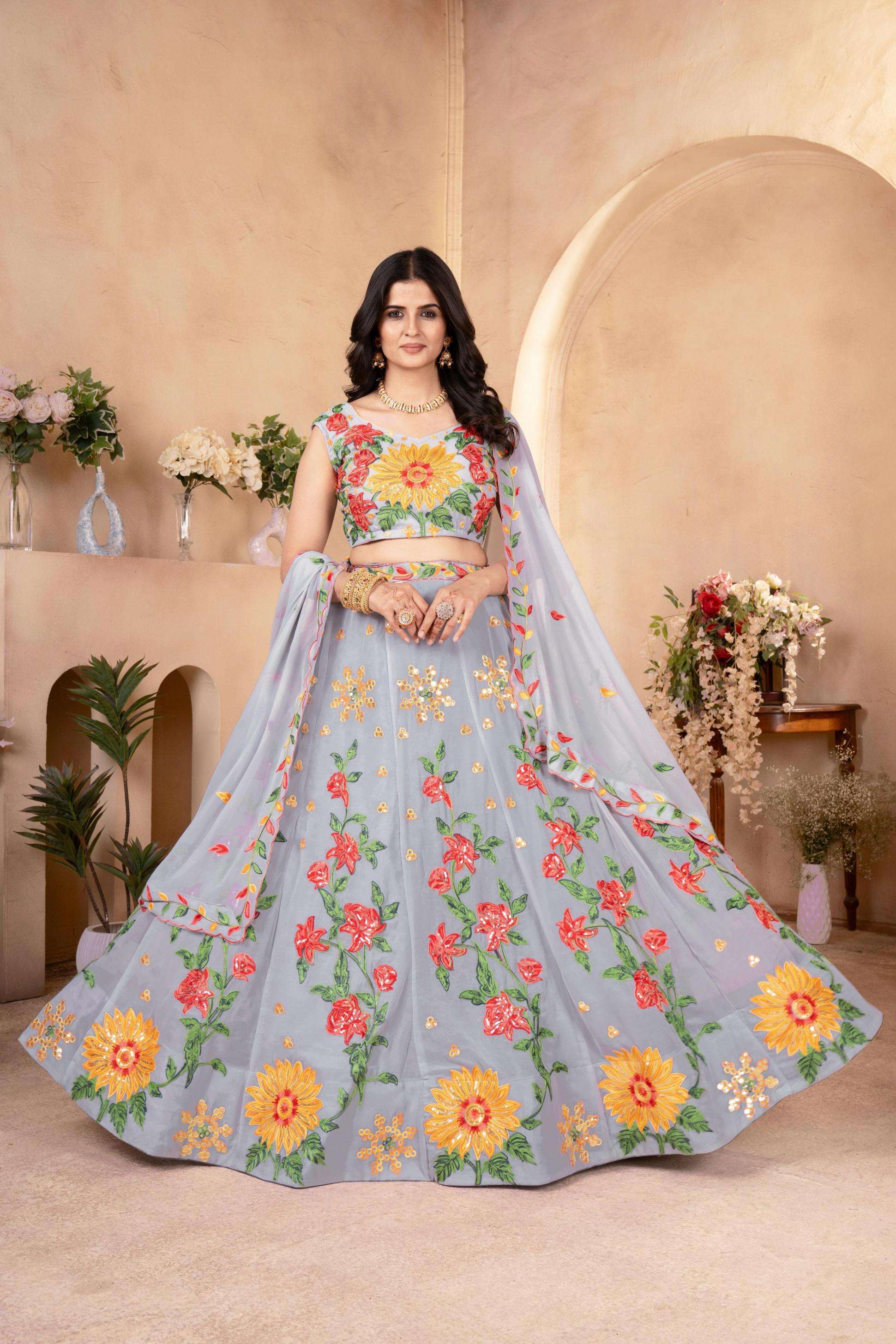 5089 launch faux georgette engagement lehenga for bride