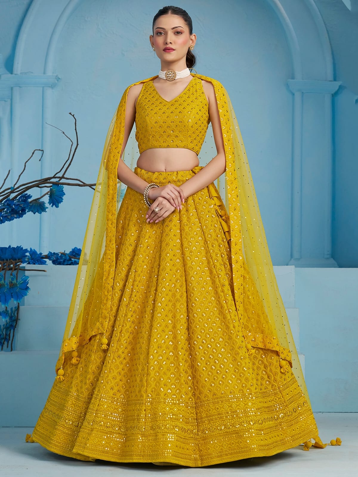  5124-Yellow Georgette Resham & Sequins Embroidery Work lehenga
