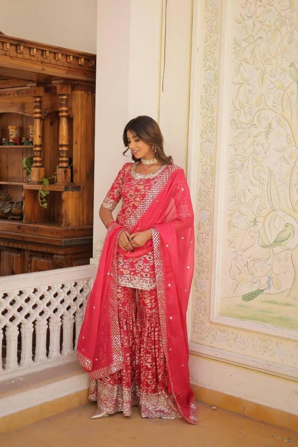 9182 readymade viscose jacquard party wear sharara kurti with dupatta