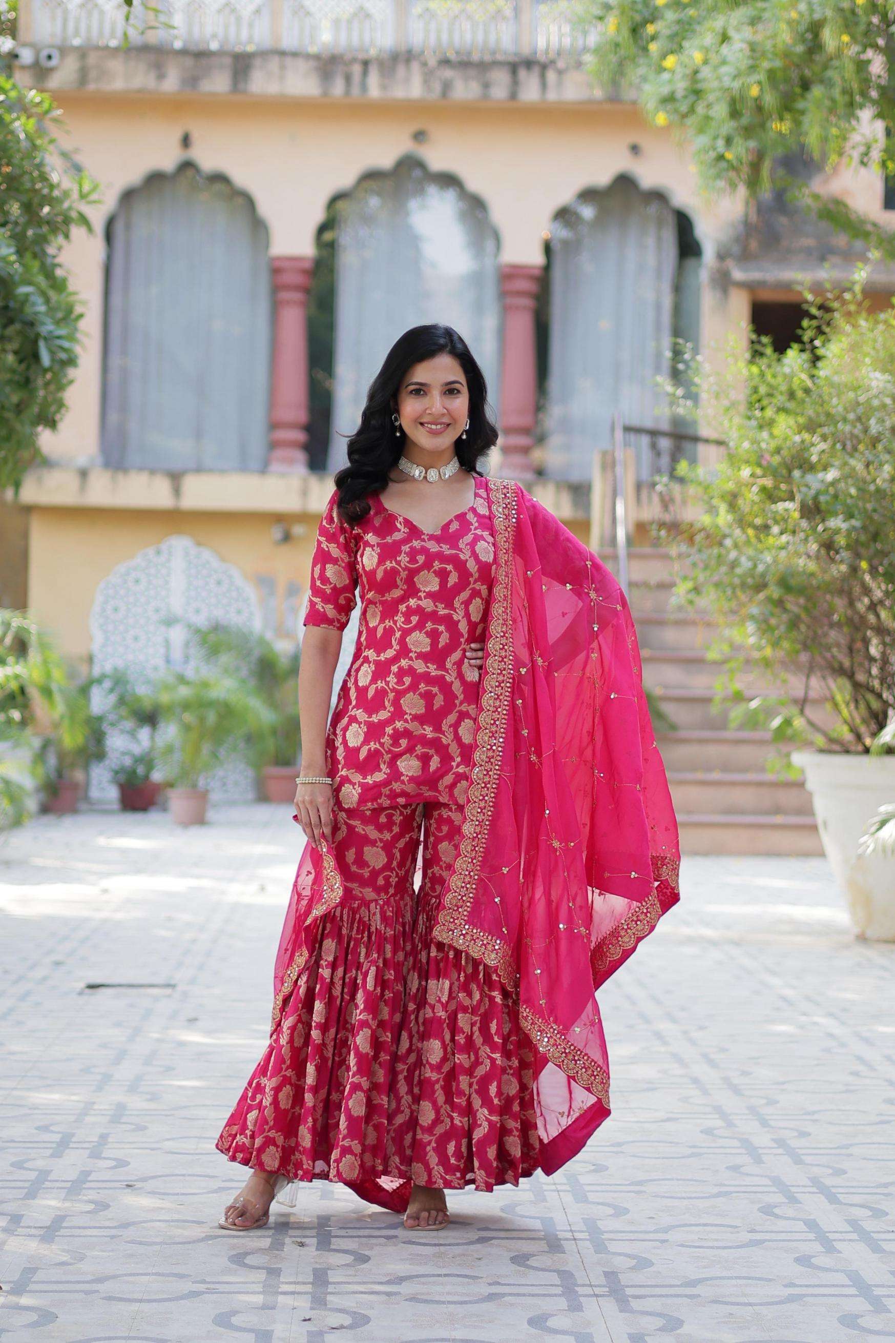 9215 viscose georgette jacquard readymade stylish plazzo kurti with dupatta supplier