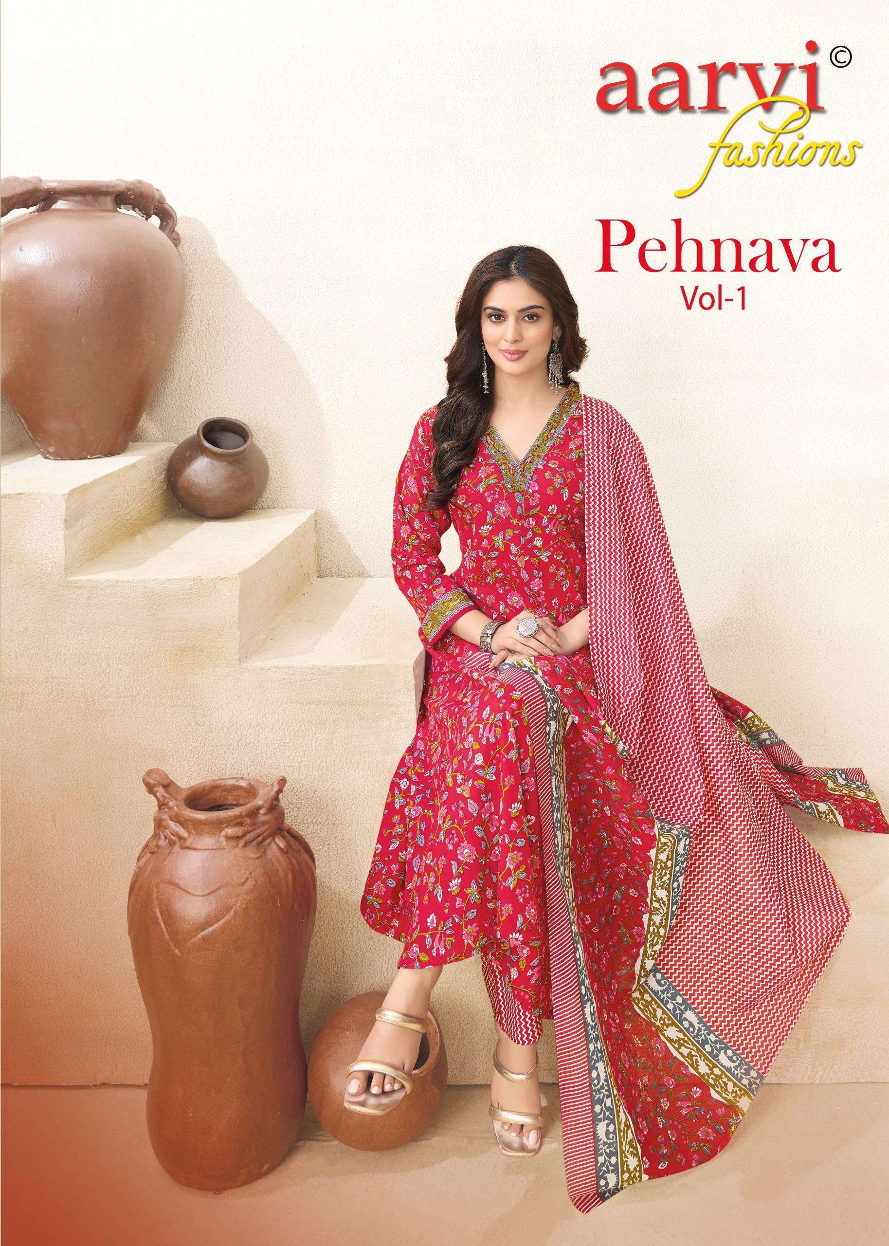 aarvi fashion pehnava vol 1 series 7479-7486 cotton wholesale suit 