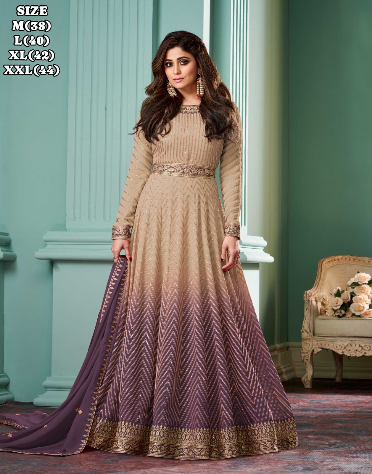 AASHIRWAD ALIZZA CHIKU SHADED NEW COLORS REAL GEORGETTE gown with dupatta 