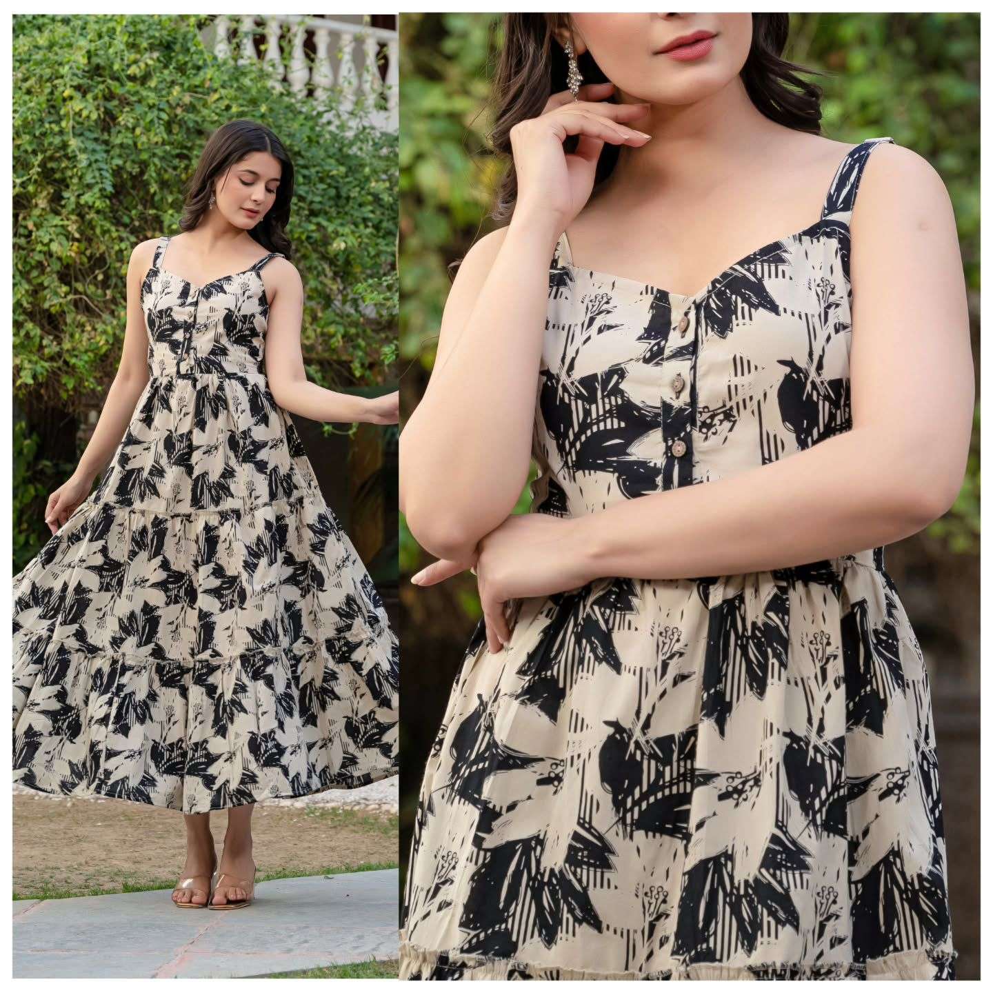 Coral Cotton print leeveless Ruffle Maxi Dress 
