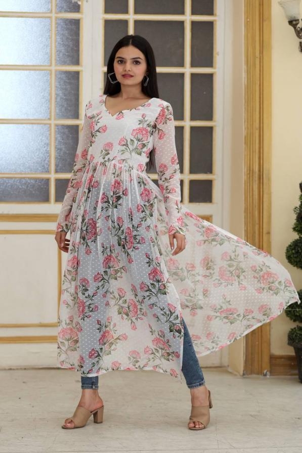 ka 1050 floral print digital print readymade daily wear nyra cut long kurtis